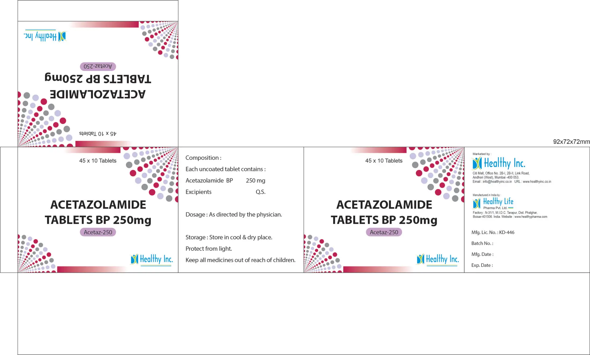 WHO-GMP certified Acetazolamide Tablets 250 mg and 500 mg manufactured by Healthy Life Pharma Pvt. Ltd. for glaucoma, epilepsy, and altitude sickness treatment.”
