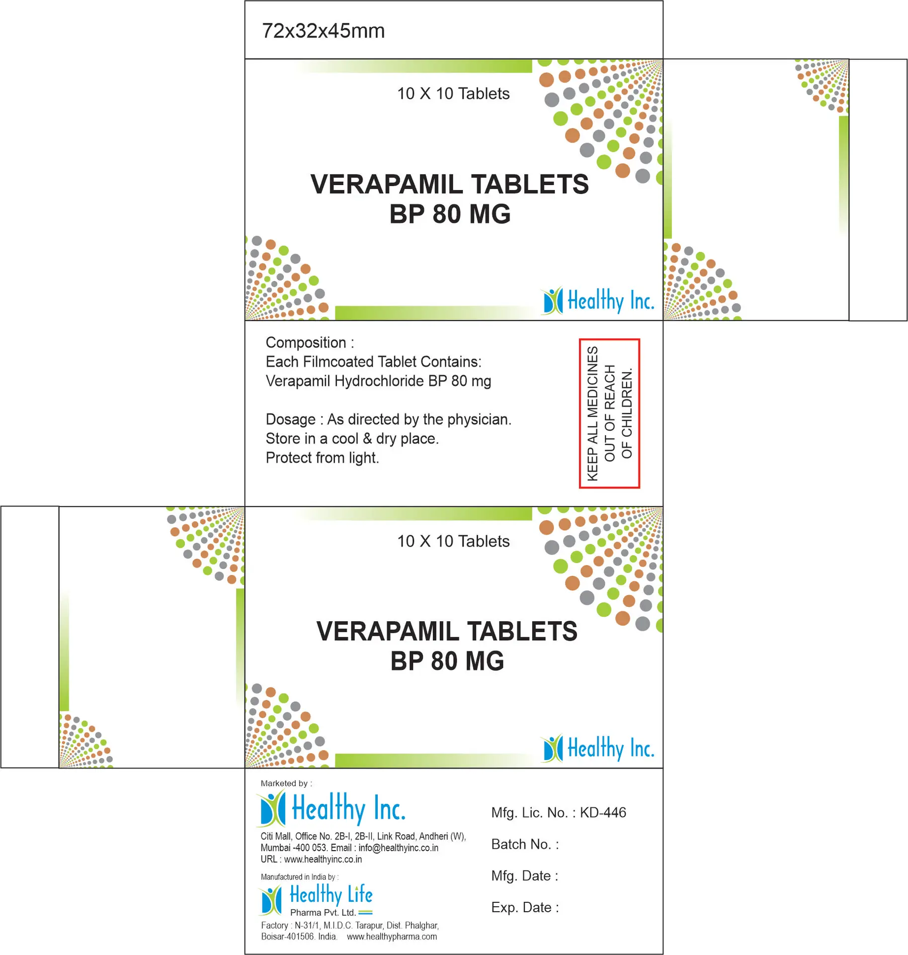 Verapamil Hydrochloride Tablets 40mg 80mg 240mg SR manufactured by Healthy Life Pharma India